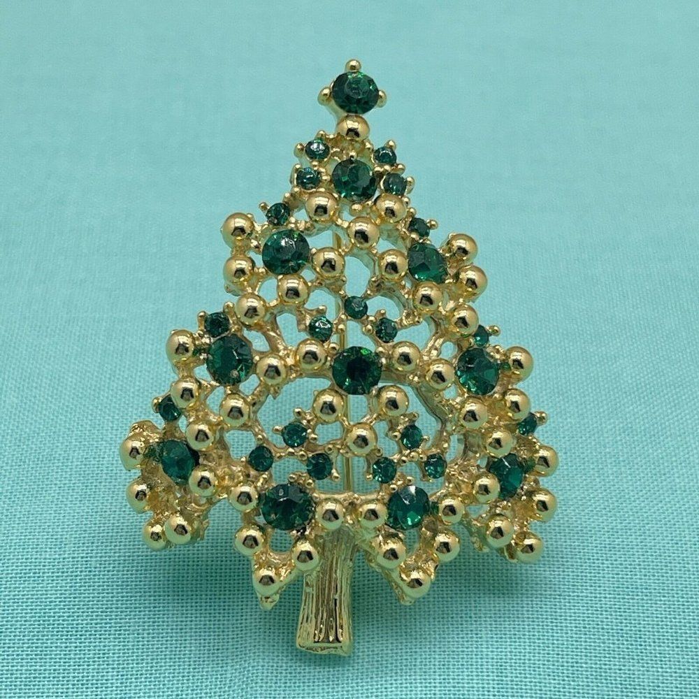 Eisenberg Christmas Tree Brooch Gold Tone Green Rhinestones Open Work Signed
